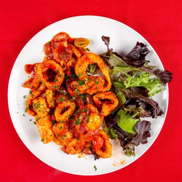 Fried calamari and shrimp in red sauce with a side salad on a white plate, on a red tablecloth.